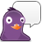 Pixelated purple bird-like character with large white eyes, orange beak, and empty speech bubble on gray background.