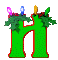 Green H-shaped structure with red outline, topped by green foliage and four colored crystals (purple, blue, yellow, white) in two