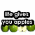 A four- of pixelated apple-themed images with text overlays, showing green apples and a red apple in various states
