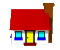 A 5x5 contact sheet of animated house frames with red roofs, white walls, blue windows, and brown chimneys in various poses and angles.
