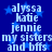 Blue background with light blue stars and repeated text listing names and relationships in pixelated font.