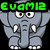 Two gray cartoon elephants with white tusks and feet stand side-by-side against a black background, one larger than the other, with green pixelated text above and below them.