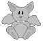 Pixelated gray cartoon creature with large ears, black eyes, and white fangs in two poses: arms outstretched left, then raised right.