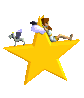 Yellow star-shaped platform with a character sitting on top, holding a sword and resting against a cloud.