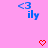 Pixelated blue '<3 ily' text and red heart symbols on a pink background with partial gray overlay.