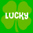 Green four-leaf clover with white text 'LUCKY' overlaid on each leaf, displayed in a against solid green background