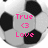 Pixelated soccer ball with black and white sections overlaid with pink text reading "True <3 Love" in a retro digital style.