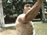 A shirtless man in dark pants performs a sequence of martial arts movements outdoors, transitioning from raised arm to kicking and striking poses.
