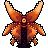 Pixel art of a symmetrical insect-like creature with orange-brown wings and segmented body on gray background.