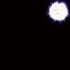 A circular animation of white and blue light particles expanding outward from a central point against a black background.
