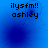 Blue background with black text 'ilysfm!! ashley' and a small dark circular shape that changes position across frames.