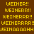 Pixelated text repeats 'WEINER!!' and 'WEINER!!!' in yellow on brown background with cyan highlights, forming a of animated text variations