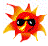 Four pixelated sun icons with orange-yellow rays, black sunglasses, and smiling faces on a gray background with light blue dots.