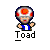 Pixelated character with red-and-white mushroom cap, blue and white outfit, raised arms, orange face, and 'Toad' text below on gray background.