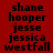 Red background with black text listing names in a pattern, featuring white rectangular overlays on some