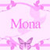 Pixelated pink icon with 'Mona' text, pink floral and butterfly motifs on a light pink background.