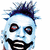Pixelated static image of a stylized character with blue skin, spiky dark hair, and exaggerated facial features including large eyes and a wide mouth.