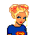 Pixel art of a female character with blonde hair styled in red bows, wearing blue top and black pants, standing next to a partial male figure.