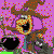 Pixelated cartoon witch with brown hat and black cauldron against purple dotted background, two frames showing slight mouth movement.