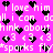 Pixelated text and heart symbols repeat across a bright pink background with white and black elements.