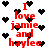 Red text reading "I love jamie and haylee" surrounded by black pixelated hearts on a white background.