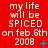 Red background with repeated white text "my life will be SPICED on feb.6th 2008" and small blue symbols changing across three