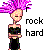 Pixel art icon of a stylized character with spiky purple hair and crossed arms next to "rock hard" text on white background.