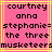 Pixelated text on a pink background with yellow lines, displaying names and 'the three musketeers' in black block letters
