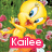 Yellow cartoon bird with blue eyes and red beak stands against green foliage with pink flowers, holding a pink banner reading 'Kailee' in white text.