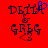 Red background displays two side-by-side pixelated text arrangements with 'DELTA & GREG' in dark blue, one featuring a blue heart symbol over the 'A'.