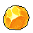Pixelated sphere with gradient orange and yellow hues, black outline, and white highlight on left side against gray background.