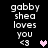 Pixelated text 'gabby shea loves you <3' with a pink heart on the right side, displayed in four identical