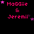 Pixelated text 'Maggie & Jeremi' in pink with scattered purple stars on black background, animated star positions across frames.