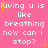 Pink background with repeated white pixelated text 'loving u is like breathing how can i stop?' and yellow star accents.