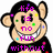 Pixelated monkey face with black hair, beige skin, and a wide grin showing teeth. Purple text overlays read 'life is no fun without' on the left side.