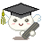 Pixelated character with graduation cap and diploma, smiling with pink cheeks across four animation frames.