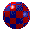 A circular pixelated icon with red and dark blue sections, showing subtle color shifts