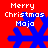 Red background with four blue snowflakes and white text reading "Merry Christmas Maja" in pixelated font.
