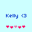 Pixelated blue text 'Kelly' with a blue heart symbol followed by five pink heart icons on a light blue background.