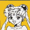 Anime-style character with twin buns and a yellow background, rendered in black-and-white line art on blue pixelated backdrop.