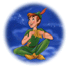 Two cartoon-style character icons in circular and oval blue backgrounds with white borders, one Peter Pan sitting cross-legged, the other Tinker Bell flying.