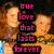 Pixelated image of four people in yellow shirts with text overlays reading 'true love that lasts forever' and 'arianna and dylan' in pink and green block letters.