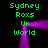Green text 'Sydney Roxx Ur World' arranged in a with purple pixelated lines forming a frame on a black background