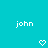Two identical pixelated white text 'john' labels on a solid cyan background, each paired with a small heart symbol below.