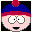 Pixelated cartoon character with pink skin, blue hat, red band, and black mouth; eyes change from open to closed in animation.