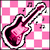 Pixelated pink and white checkered background with a dark pink electric guitar outlined in black, surrounded by scattered musical notes.