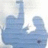 Pixelated blue figure with raised arm and dark circular eye-like mark on lower right, set against light background.