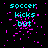 Pixelated cyan text 'soccer kicks bot' on black background with scattered pink particles, animated