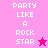 Pixelated text "PARTY LIKE A ROCK STAR" in white on pink background with a star symbol, displayed across two color sections.