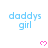 Blue 'daddys girl' text with pink heart symbols on a white background, partially cropped at bottom right.